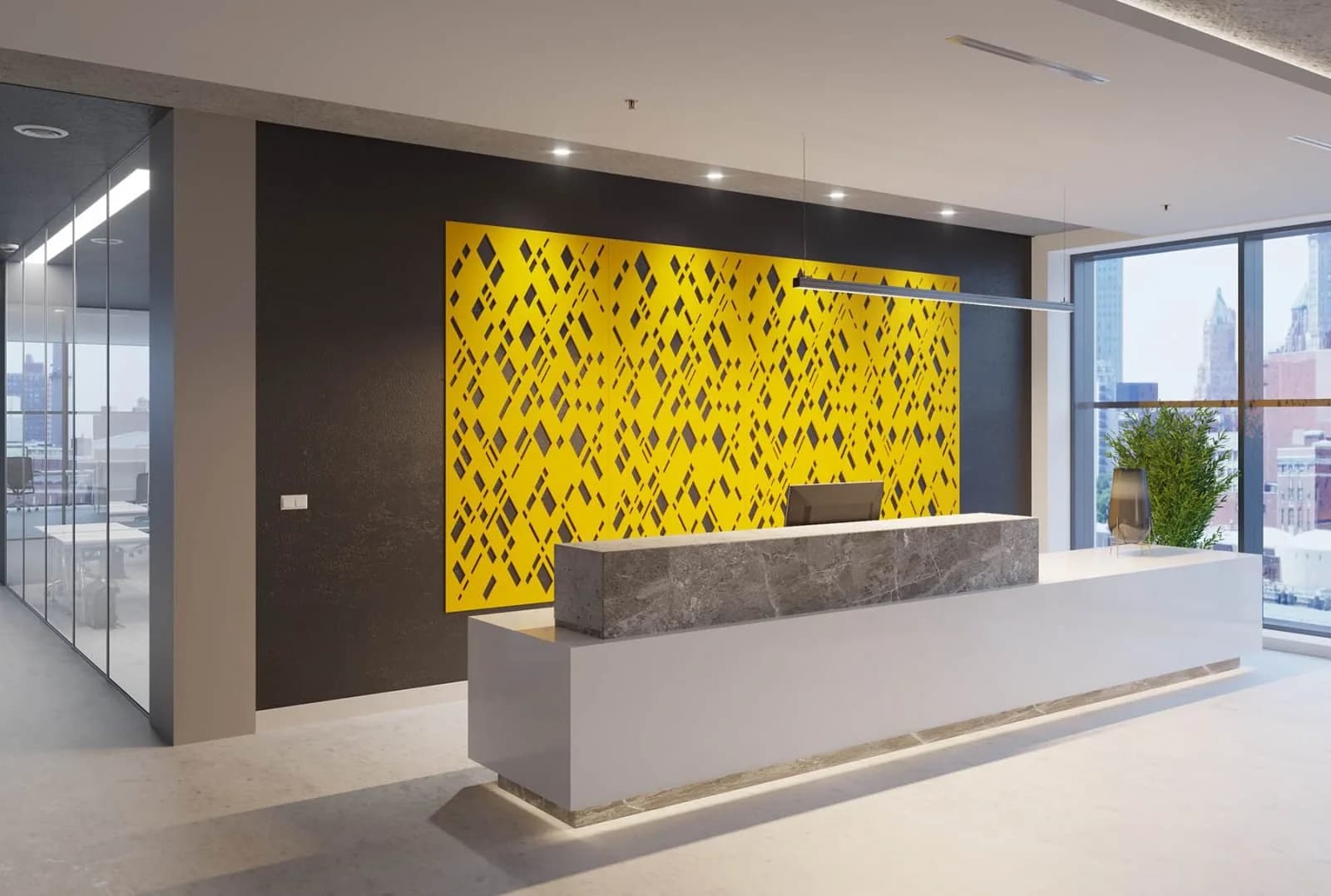 Suspended acoustic baffle ceiling system in a reception area