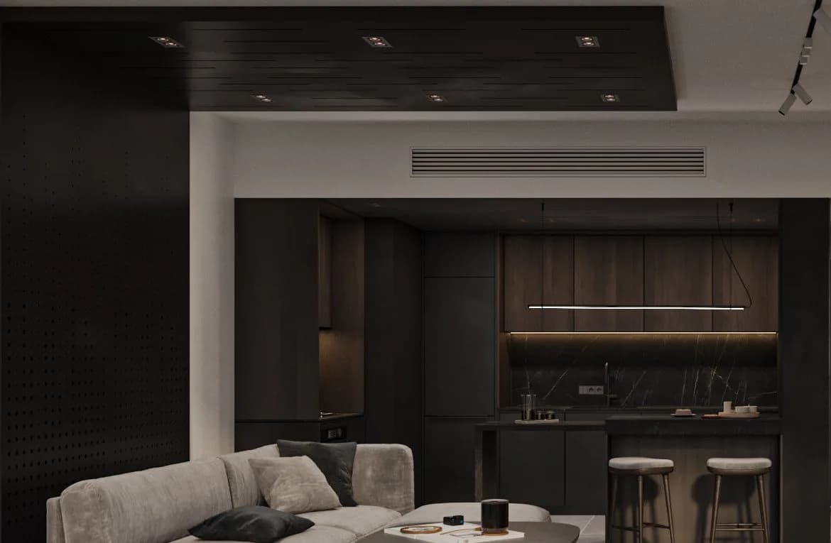 Acoustic ceiling system installed in a residential living room