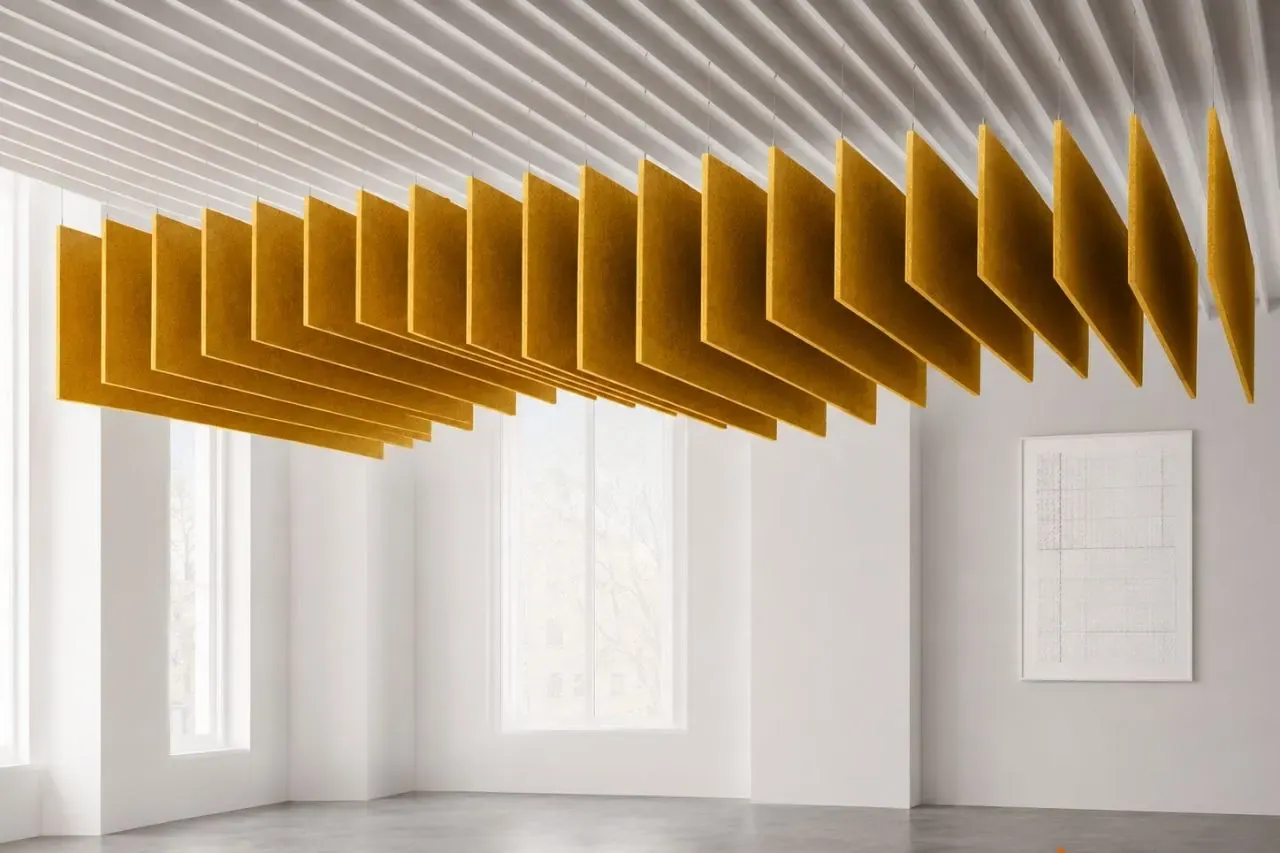 Angled fin baffle acoustic ceiling in a daylit room