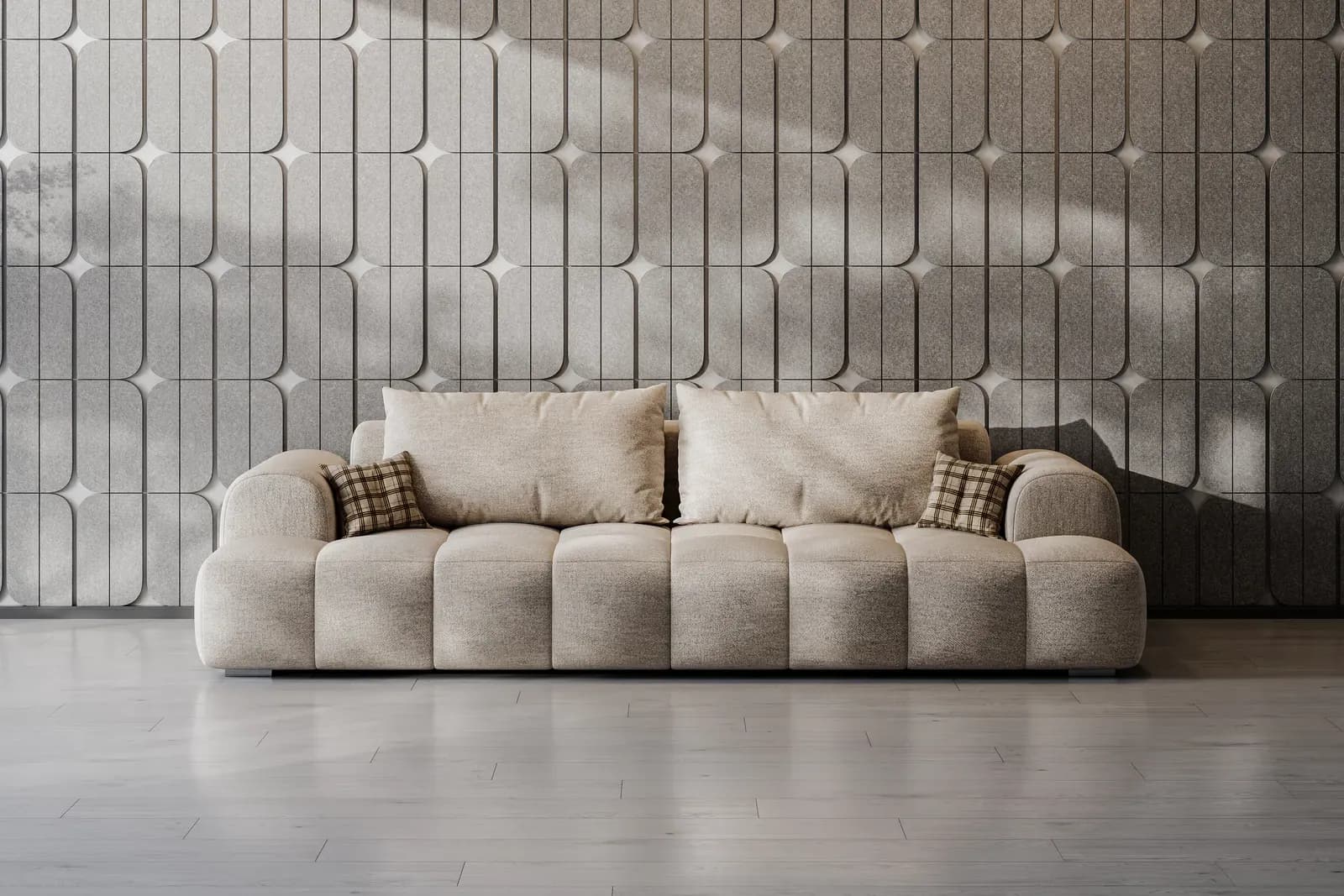 Dome-relief 3D acoustic panels on a living-room wall