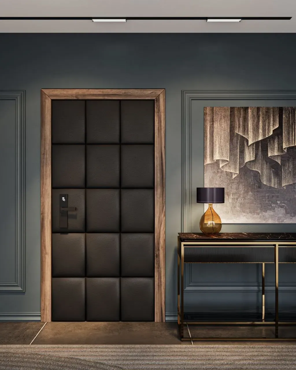 Diamond-tufted acoustic door in a dark frame, hallway with a console table