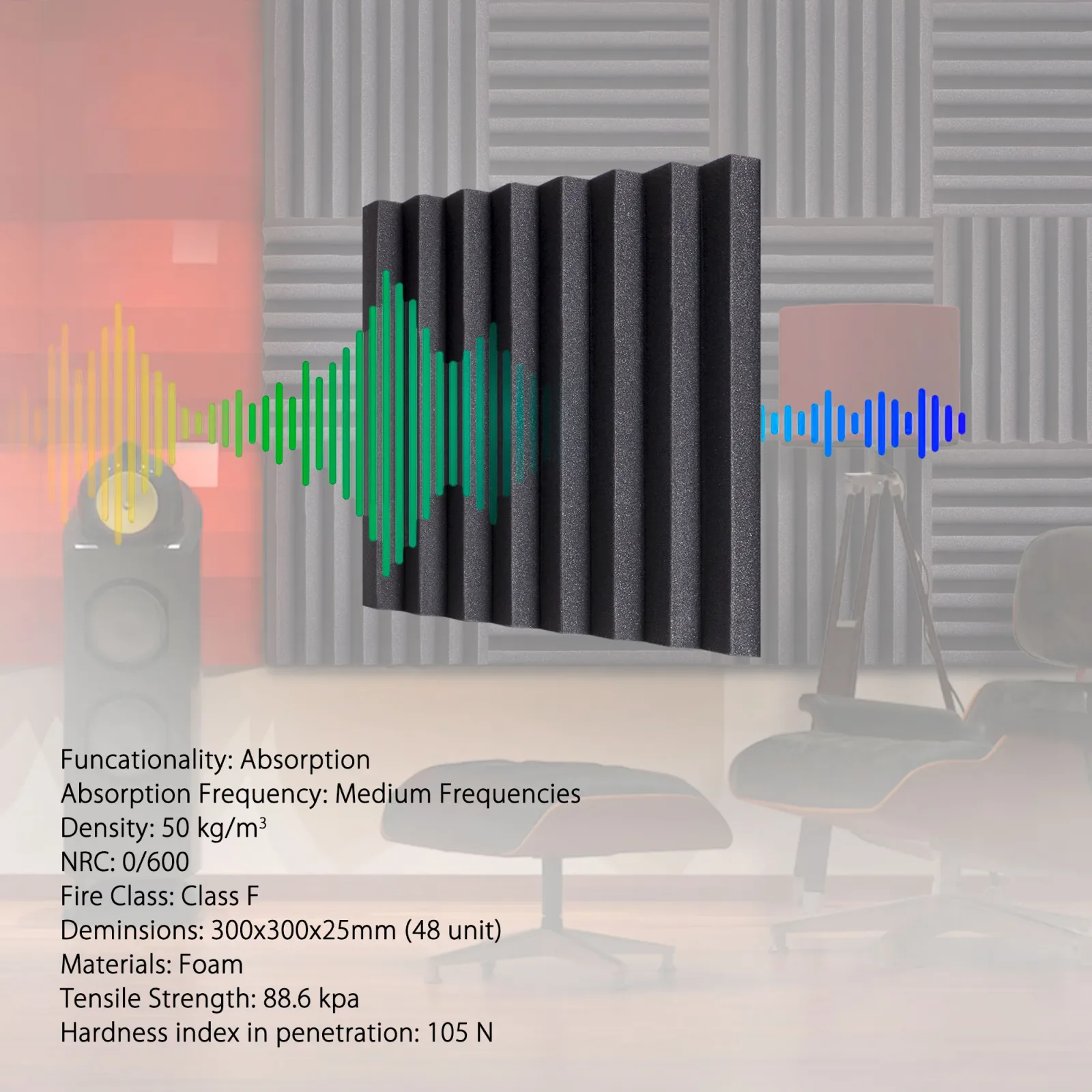 MD Light Plus Acoustic Foam Panels | Charcoal Black | Pack of 48