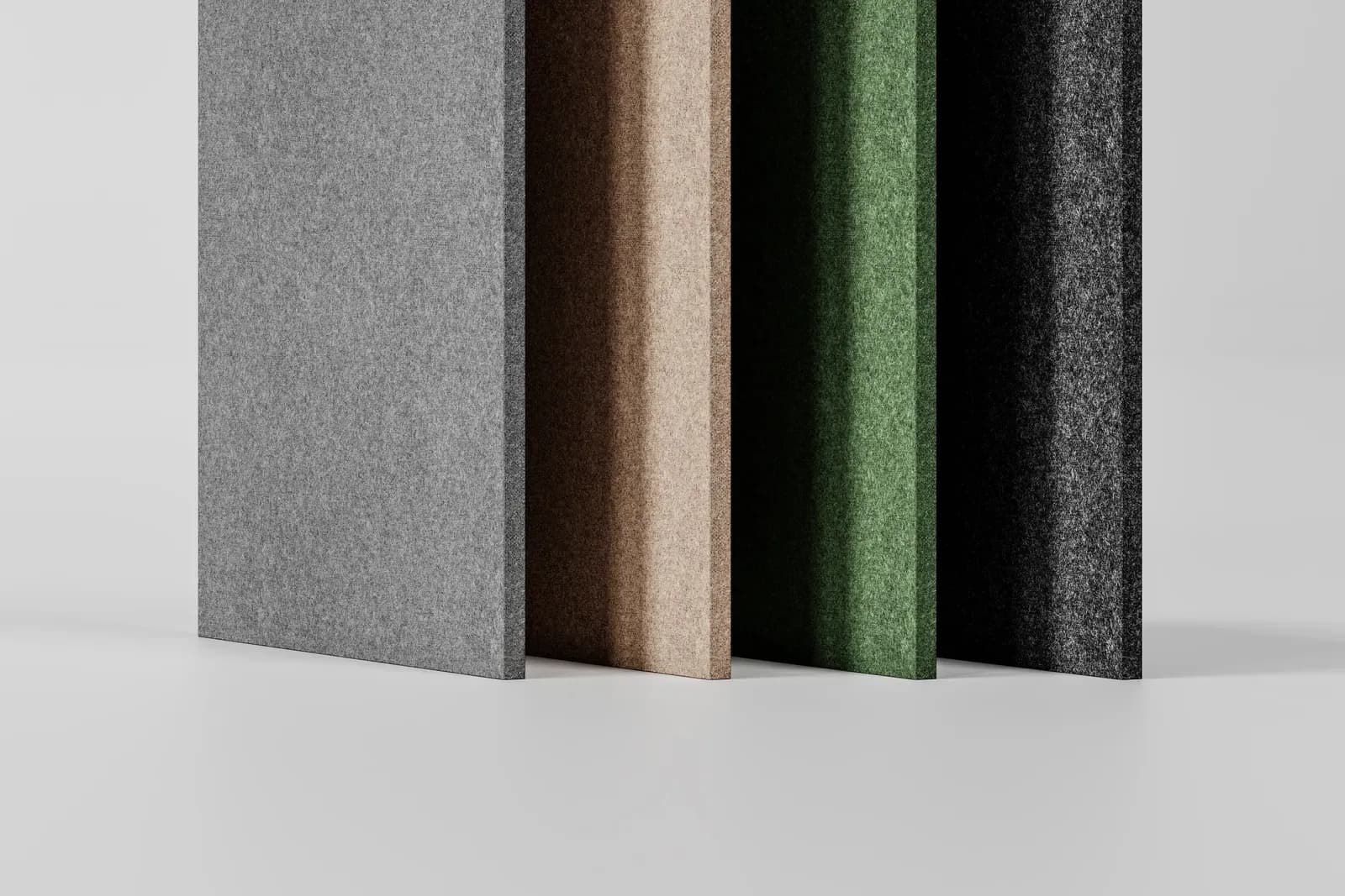 PET felt acoustic panels in charcoal, grey, kraft and green