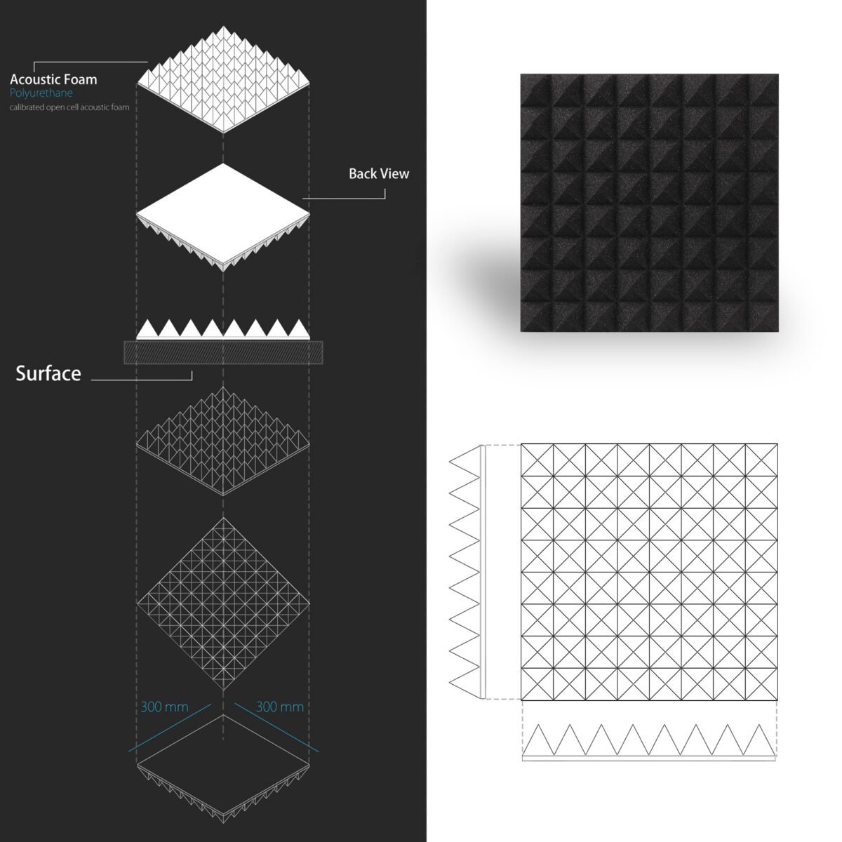 Pyramid 30x30 Foam Panels | Charcoal Black | Pack of 24 - Image 6